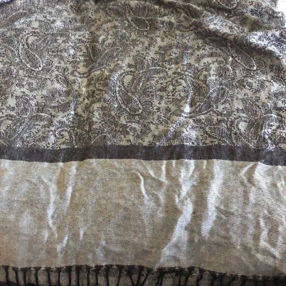 Black and Gray Paisley print scarf with fringe